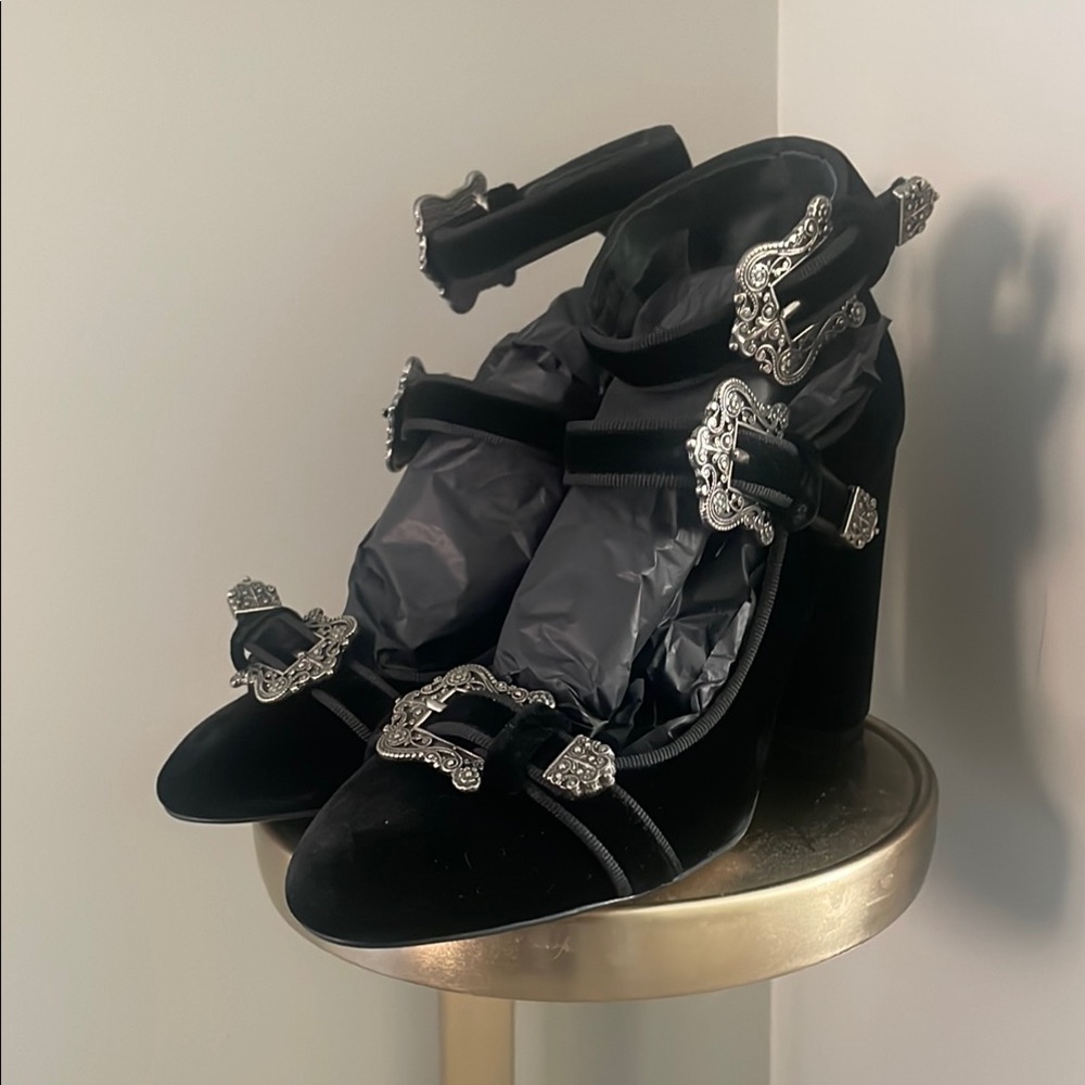 The Kooples Black velvet multi-strap heels